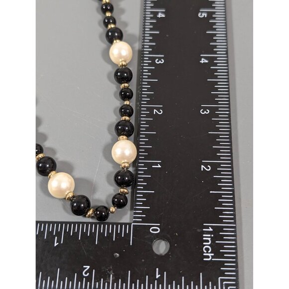 Vintage Black Glass Faux Pearl Beaded Classic Long Necklace Gold Tone 30" - Picture 8 of 8